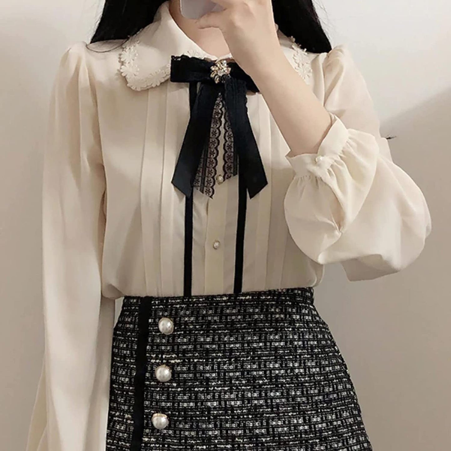Elegante Formale Hemden-Blusen, Nette Fliege-Tops mit Japaner Korea Design Knopf