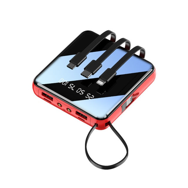 20000 mAh Mini-Powerbank mit Micro-USB-Typ-C-Kabel, tragbares Ladegerät, LED-Spiegel-Powerbank, externer Akku