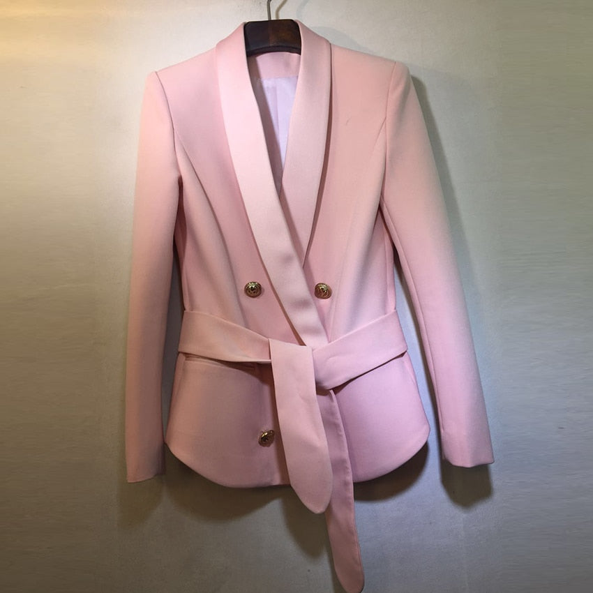 AUSGEZEICHNETE QUALITÄT, stilvoller Karriere-Blazer für Damen, Schalkragen, Löwenknöpfe, Schnürgürtel, Blazer-Jacke