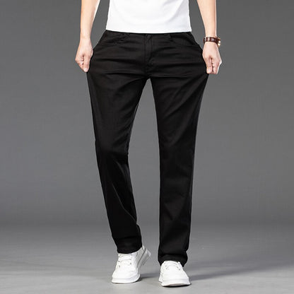 Marken Jeans im klassischen Stil mit regulärer Passform, Business-Mode-Denim-Hose aus fortschrittlicher Stretch-Baumwolle, männliche Markenhose