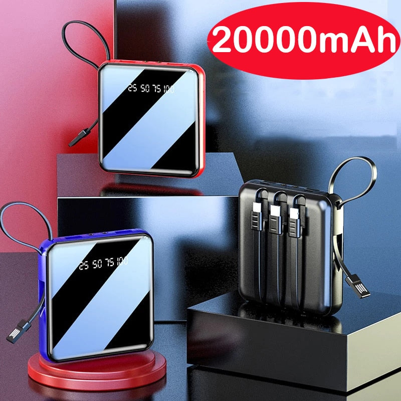 20000 mAh Mini-Powerbank mit Micro-USB-Typ-C-Kabel, tragbares Ladegerät, LED-Spiegel-Powerbank, externer Akku