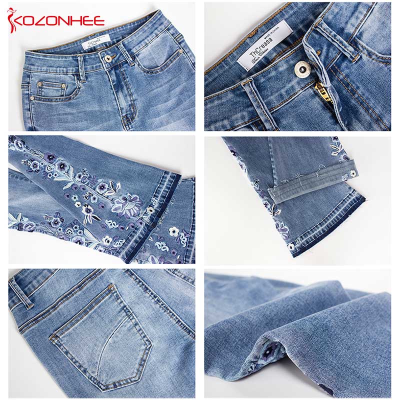 Stickerei Stretching Flare Damen Jeans, elastische Schlaghosen große Größe