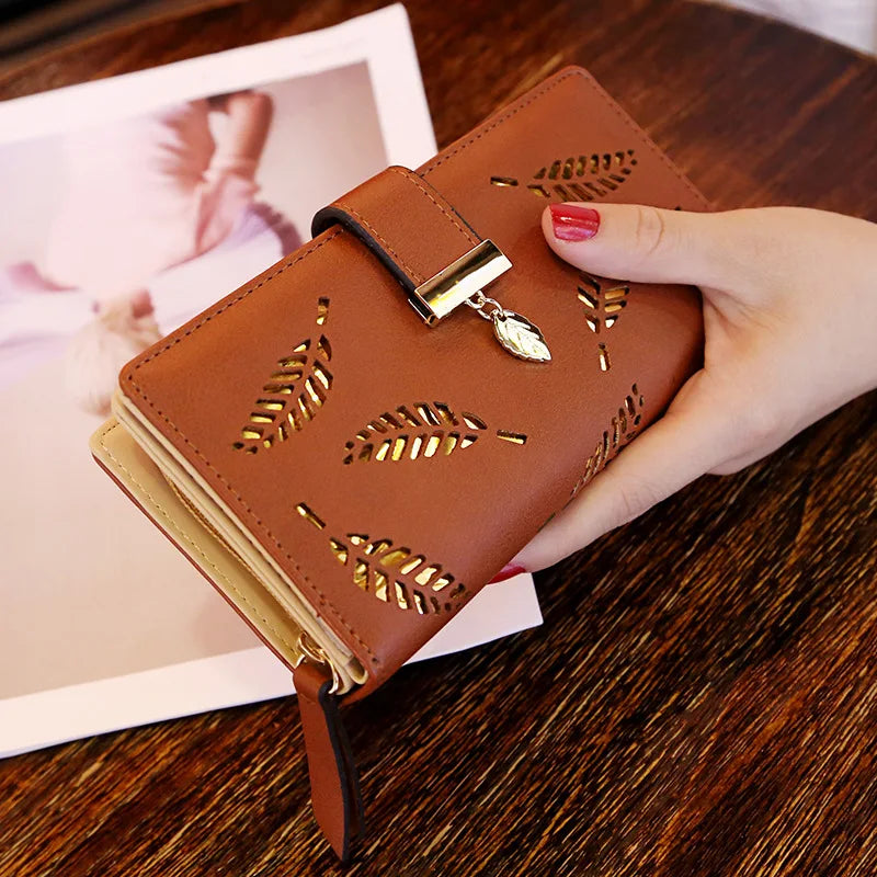 Ladies Fashion Wallet PU Leather Phone Purse Female Hollow Leaves Pouch Clutch Handbag For Women Coin Card Holders Long Wallets