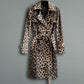 Britische Leopard Damen Mantel mit Gürtel, Zweireiher Lange Windjacke