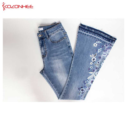Stickerei Stretching Flare Damen Jeans, elastische Schlaghosen große Größe
