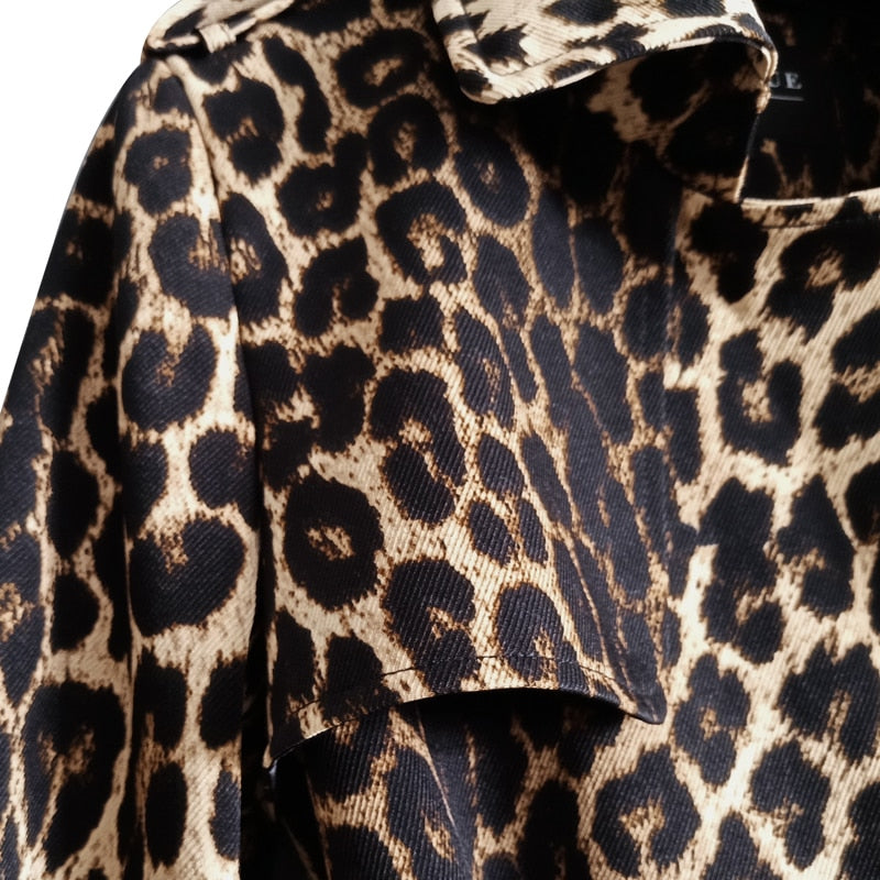 Britische Leopard Damen Mantel mit Gürtel, Zweireiher Lange Windjacke