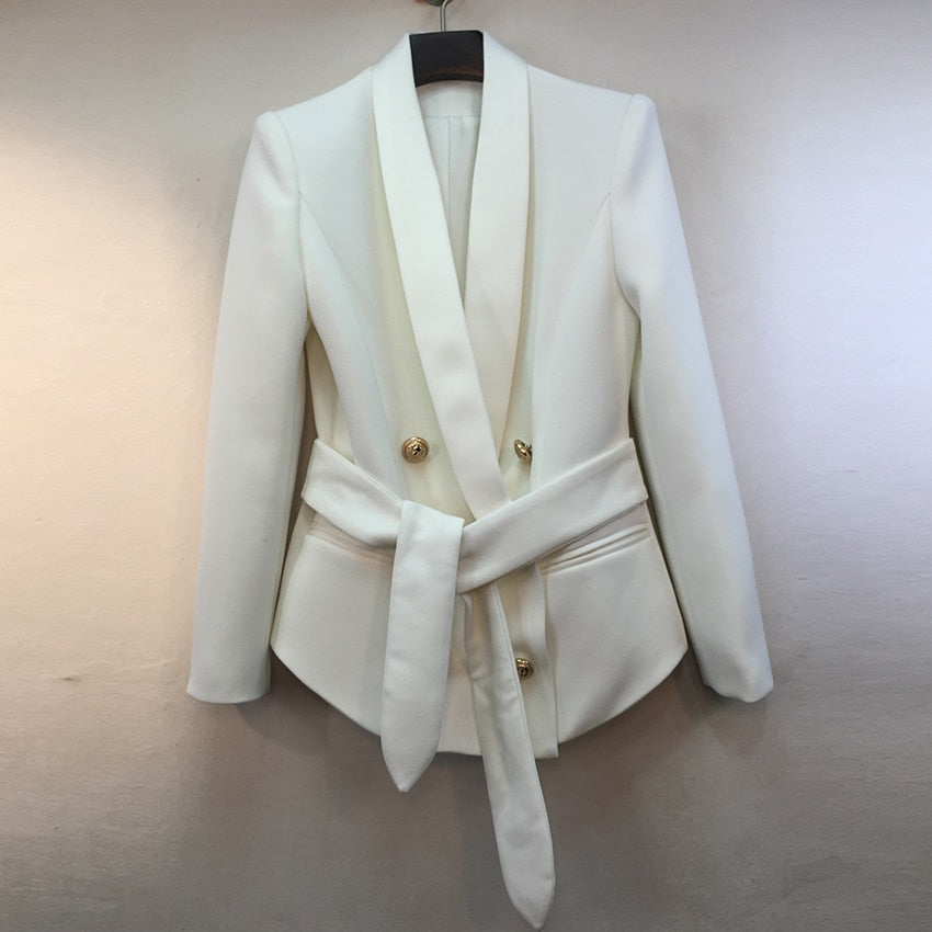 AUSGEZEICHNETE QUALITÄT, stilvoller Karriere-Blazer für Damen, Schalkragen, Löwenknöpfe, Schnürgürtel, Blazer-Jacke