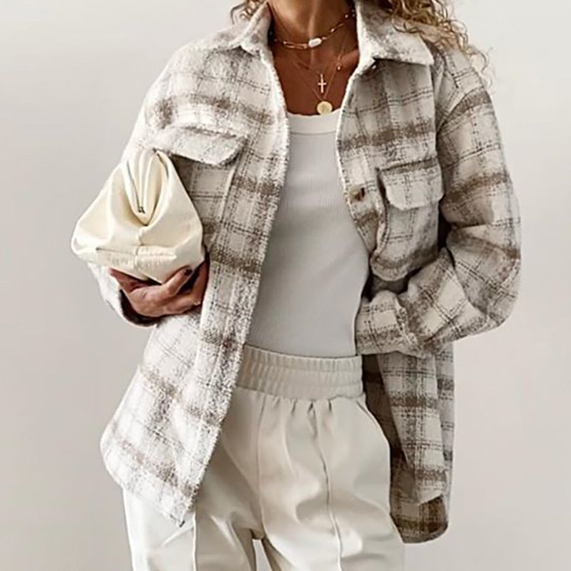 Damen Herbst Winter Mode Plaid Khaki Dicke Mäntel Oberhemd, Weibliche Stilvolle Taschen Plaid