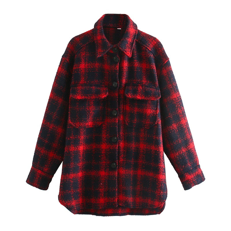 Damen Herbst Winter Mode Plaid Khaki Dicke Mäntel Oberhemd, Weibliche Stilvolle Taschen Plaid