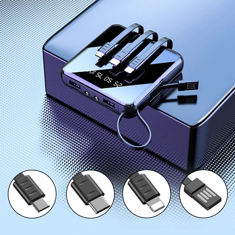20000 mAh Mini-Powerbank mit Micro-USB-Typ-C-Kabel, tragbares Ladegerät, LED-Spiegel-Powerbank, externer Akku