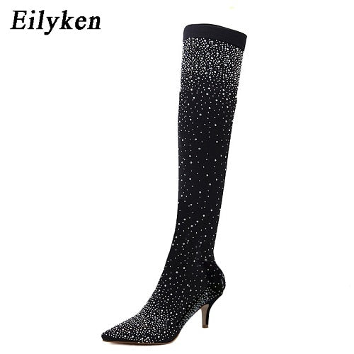 Runway Kristall Stretch Stoff Socke, Over-the-Knie Stiefel Oberschenkel Hohe Zehenspitze