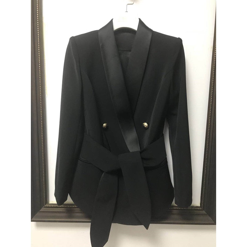 AUSGEZEICHNETE QUALITÄT, stilvoller Karriere-Blazer für Damen, Schalkragen, Löwenknöpfe, Schnürgürtel, Blazer-Jacke