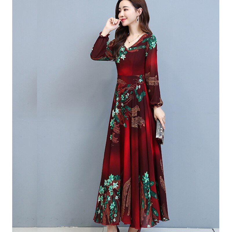 Herbst Winter Vintage Abendkleider, Floral Chiffon Langarm
