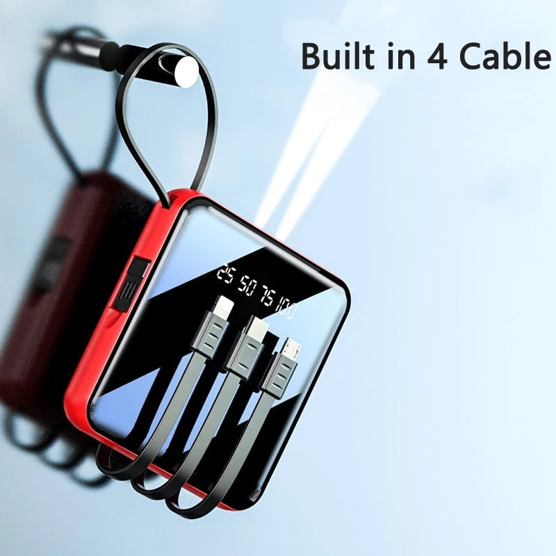 20000 mAh Mini-Powerbank mit Micro-USB-Typ-C-Kabel, tragbares Ladegerät, LED-Spiegel-Powerbank, externer Akku