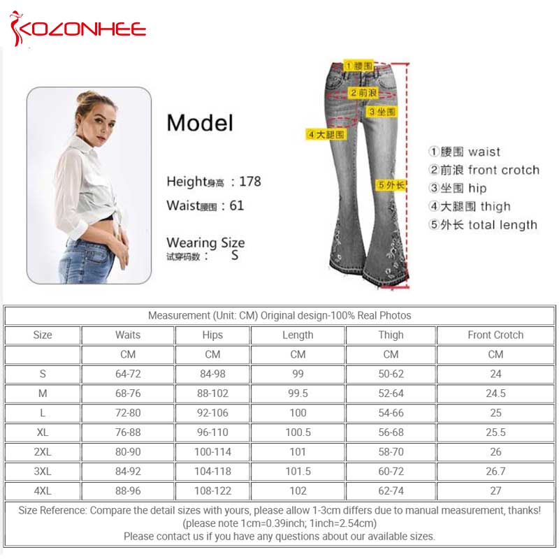 Stickerei Stretching Flare Damen Jeans, elastische Schlaghosen große Größe