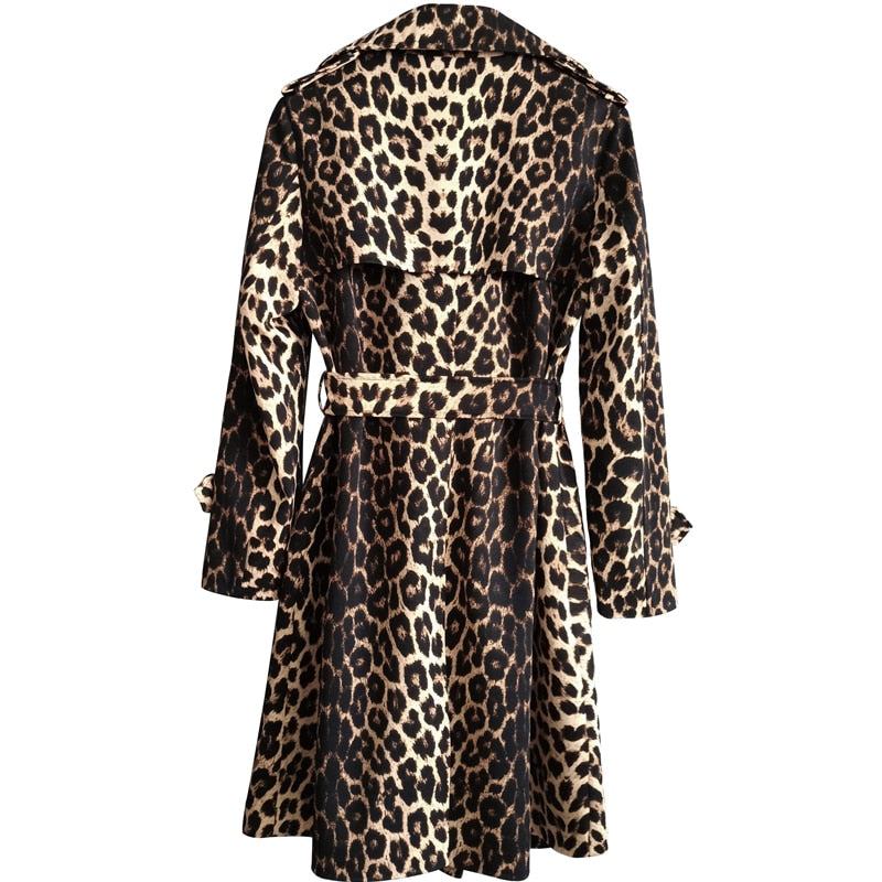 Britische Leopard Damen Mantel mit Gürtel, Zweireiher Lange Windjacke