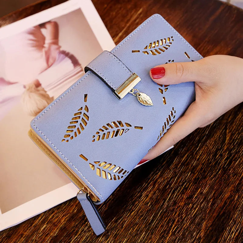Ladies Fashion Wallet PU Leather Phone Purse Female Hollow Leaves Pouch Clutch Handbag For Women Coin Card Holders Long Wallets