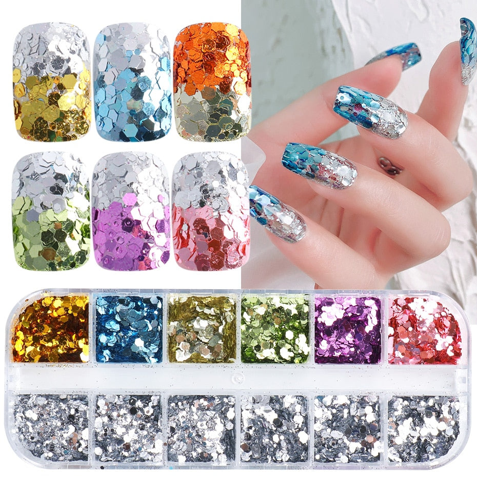 12 Gitter Perlweiß Chrom Nagel, Pigment UV Gel Nagellack