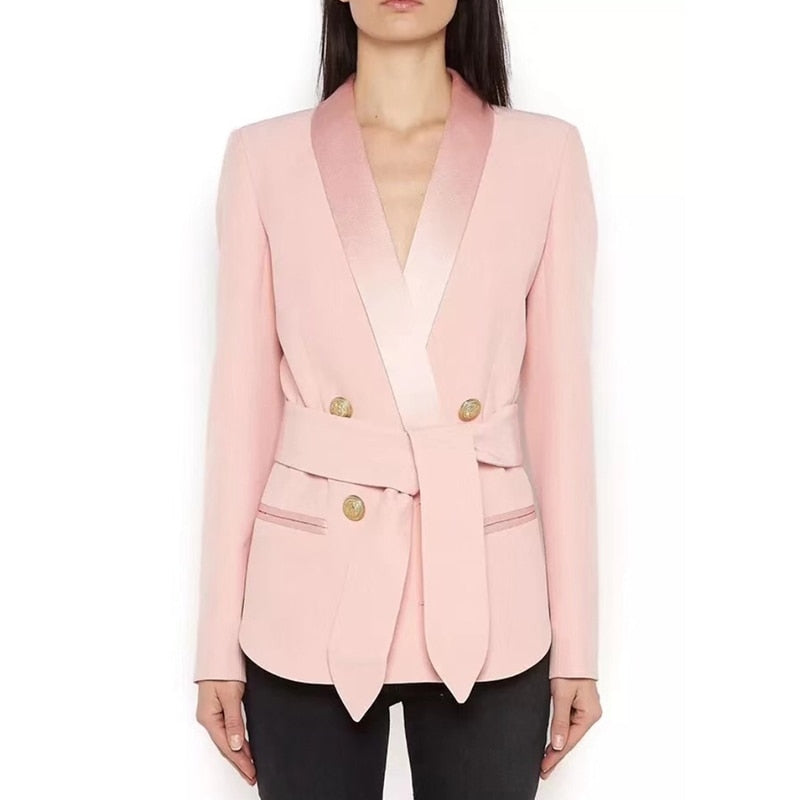 AUSGEZEICHNETE QUALITÄT, stilvoller Karriere-Blazer für Damen, Schalkragen, Löwenknöpfe, Schnürgürtel, Blazer-Jacke