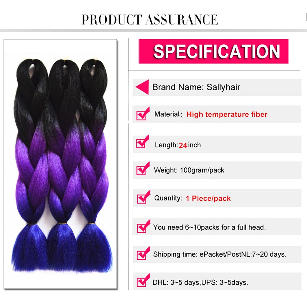 Sallyhair 24-Zoll-Ombre-Flechthaar, 2-Ton-Schwarz-Farbe, Jumbo-Zöpfe, Hochtemperaturfaser-Kunsthaarverlängerung