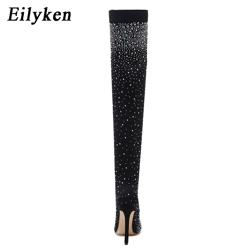 Runway Kristall Stretch Stoff Socke, Over-the-Knie Stiefel Oberschenkel Hohe Zehenspitze