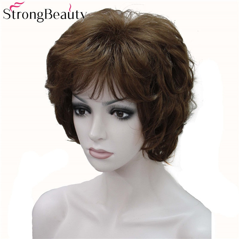 Strong Beauty Damen-Perücken, kurzes, gewelltes goldblondes Haar für Frauen, synthetische kappenlose Perücke, 16 Farben