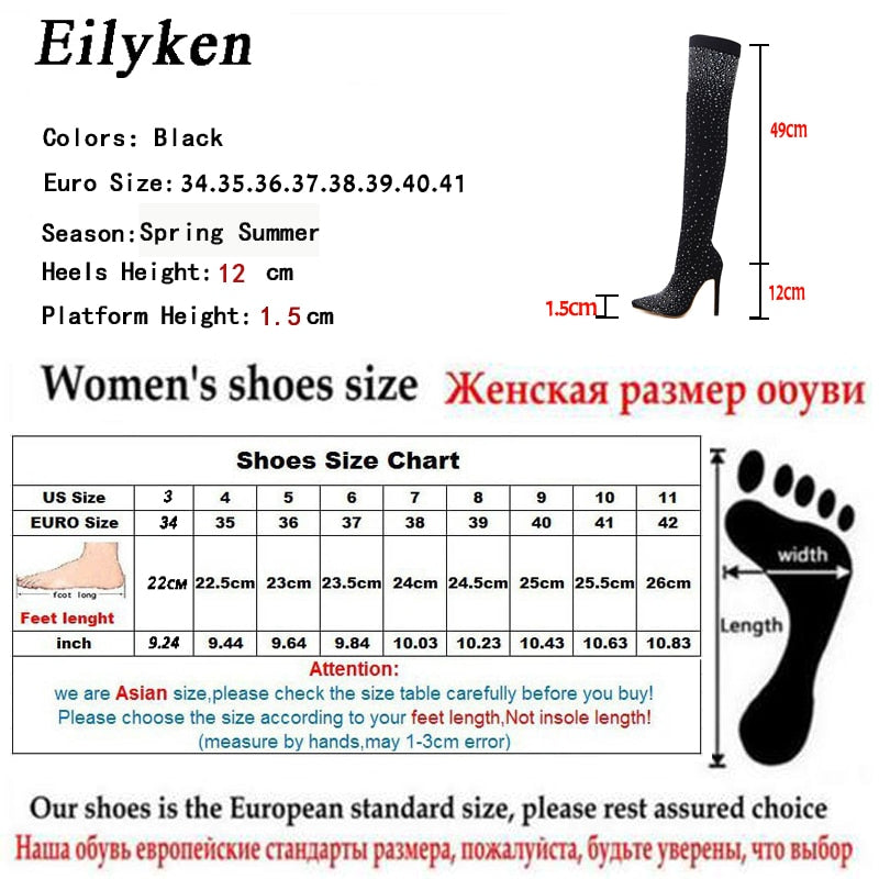 Runway Kristall Stretch Stoff Socke, Over-the-Knie Stiefel Oberschenkel Hohe Zehenspitze