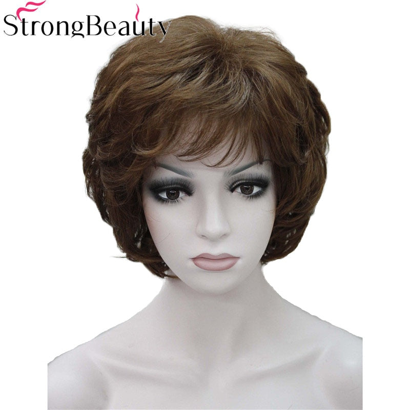 Strong Beauty Damen-Perücken, kurzes, gewelltes goldblondes Haar für Frauen, synthetische kappenlose Perücke, 16 Farben