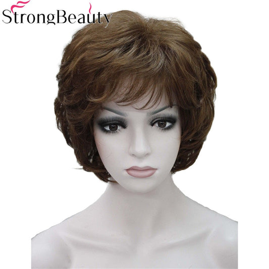 Strong Beauty Damen-Perücken, kurzes, gewelltes goldblondes Haar für Frauen, synthetische kappenlose Perücke, 16 Farben