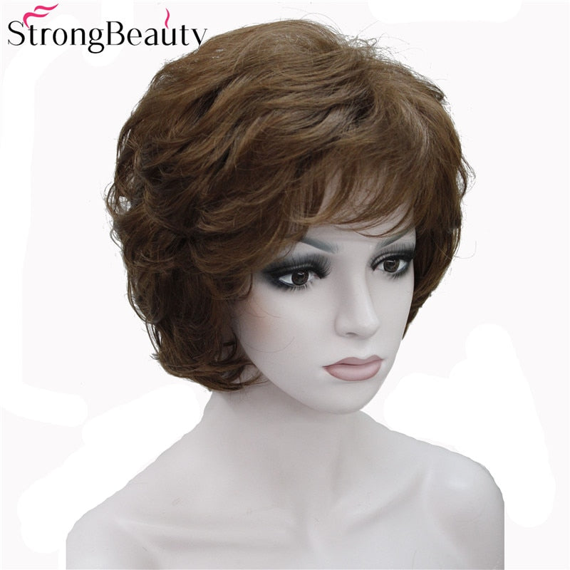 Strong Beauty Damen-Perücken, kurzes, gewelltes goldblondes Haar für Frauen, synthetische kappenlose Perücke, 16 Farben