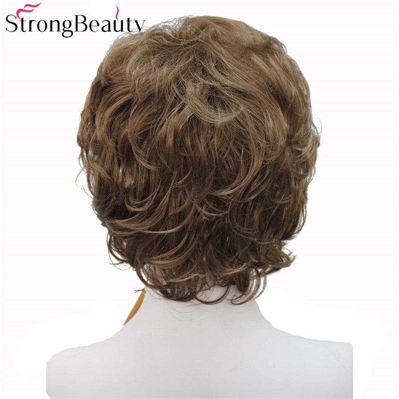 Strong Beauty Damen-Perücken, kurzes, gewelltes goldblondes Haar für Frauen, synthetische kappenlose Perücke, 16 Farben
