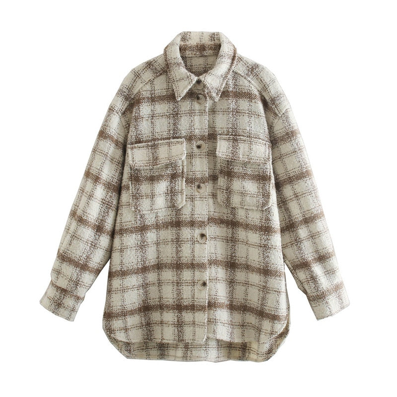 Damen Herbst Winter Mode Plaid Khaki Dicke Mäntel Oberhemd, Weibliche Stilvolle Taschen Plaid