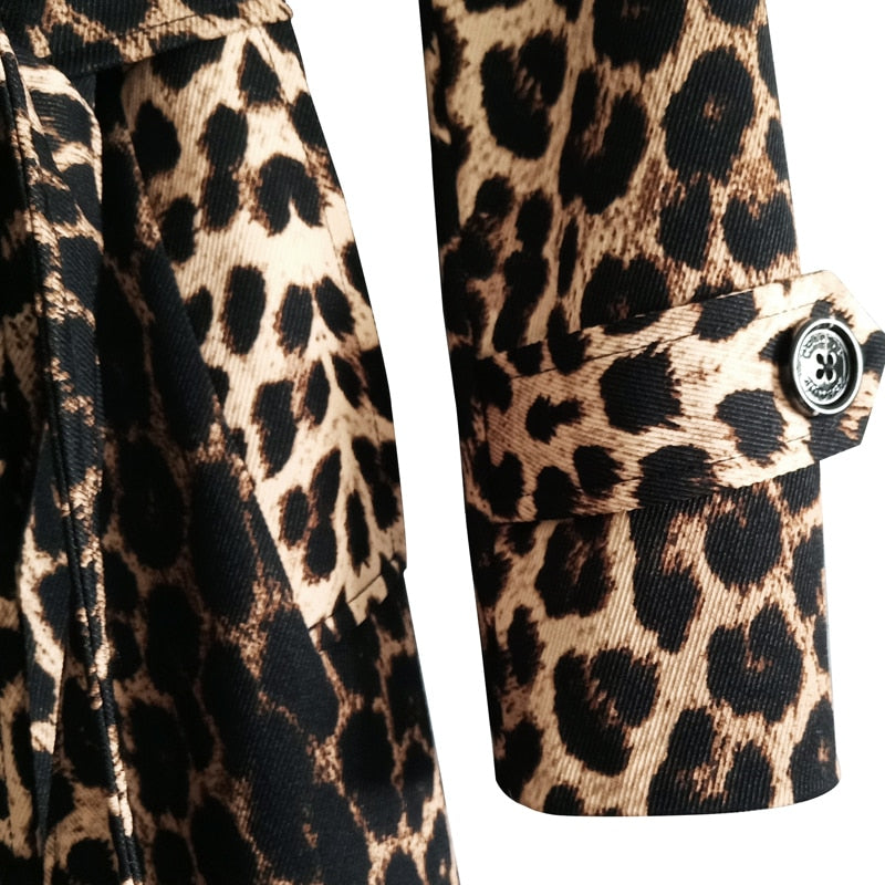 Britische Leopard Damen Mantel mit Gürtel, Zweireiher Lange Windjacke