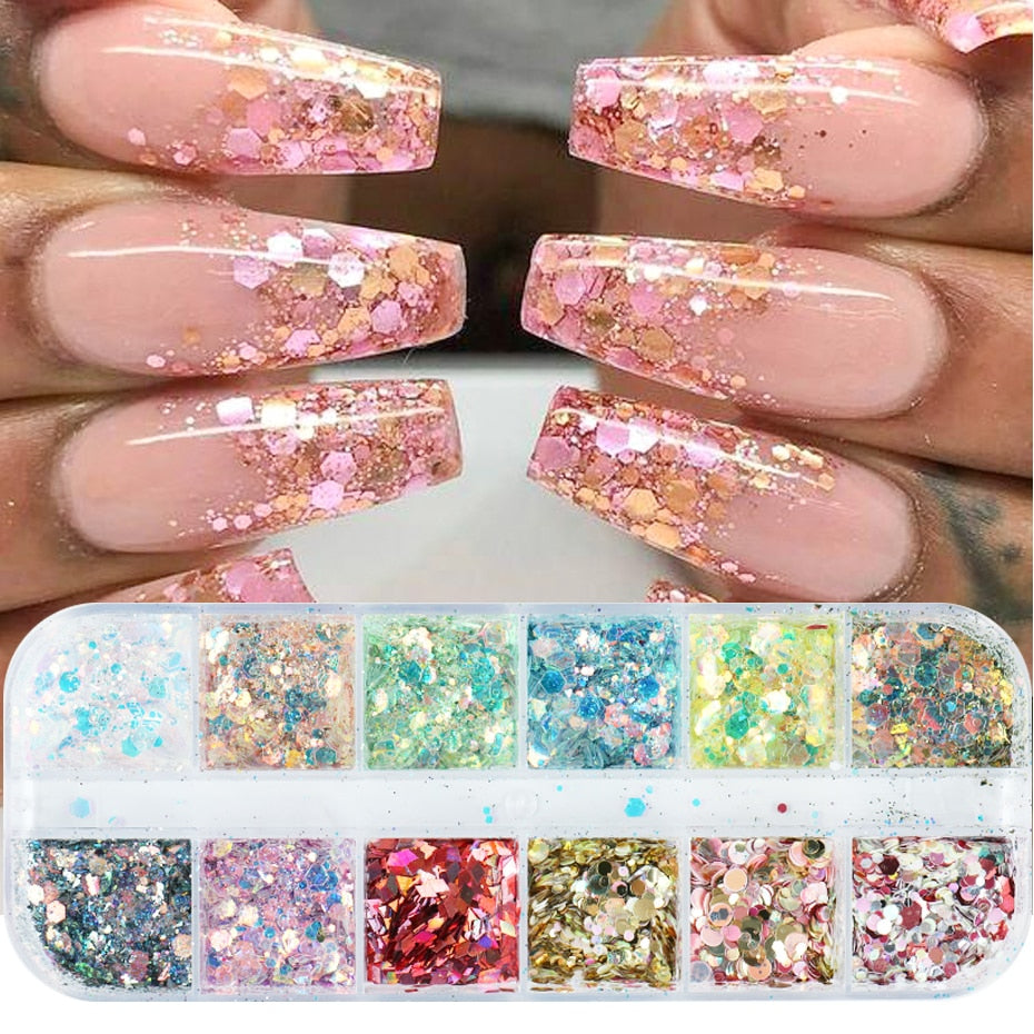 12 Gitter Perlweiß Chrom Nagel, Pigment UV Gel Nagellack