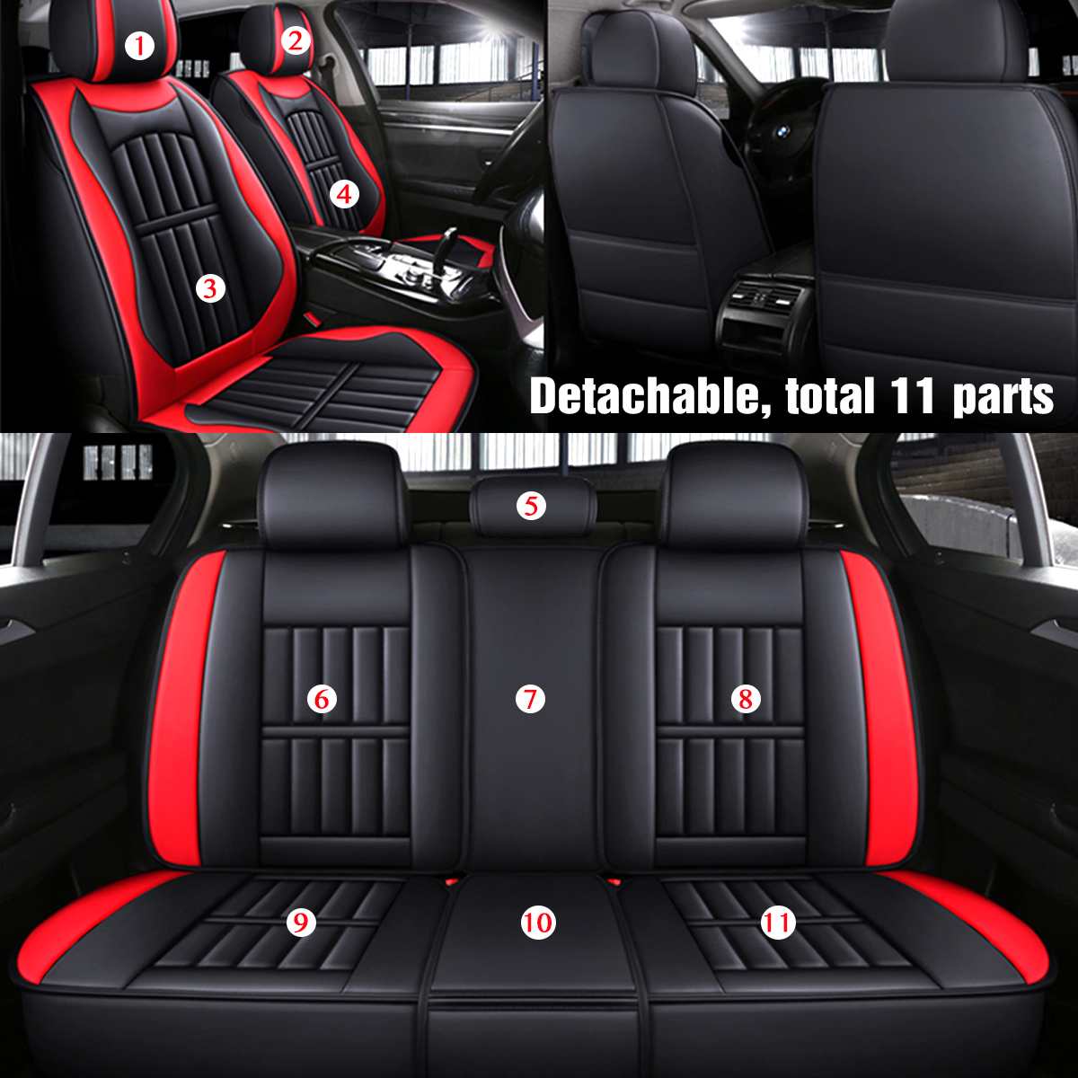 11PCS 5 Sitze Autositzbezüge inkl. Schutz Kissen Deluxe aus Leder Vorne + Hinten Komplettes Set