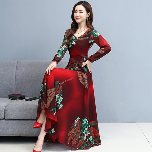 Herbst Winter Vintage Abendkleider, Floral Chiffon Langarm
