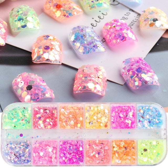 12 Gitter Perlweiß Chrom Nagel, Pigment UV Gel Nagellack