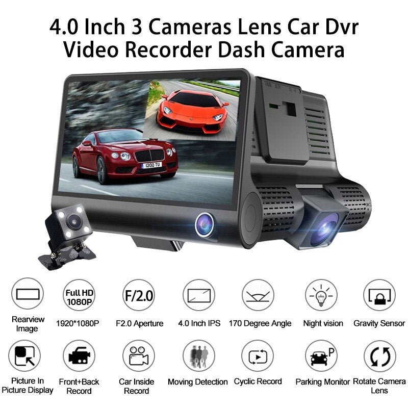 Auto-DVR, 3 Kameras, Full HD 1080P, Dual-Objektiv, Auto-DVR-Kamera, 4,0-Zoll-LCD-Bildschirm mit 170-Grad-Rückansicht