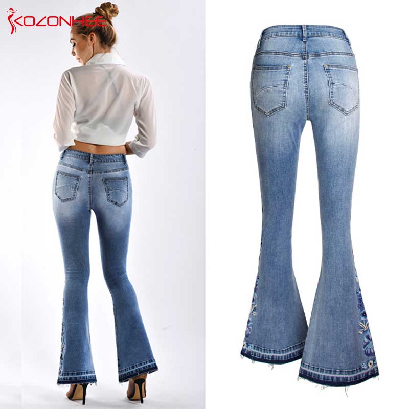 Stickerei Stretching Flare Damen Jeans, elastische Schlaghosen große Größe