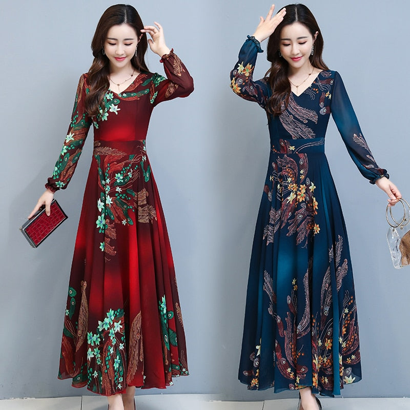 Herbst Winter Vintage Abendkleider, Floral Chiffon Langarm
