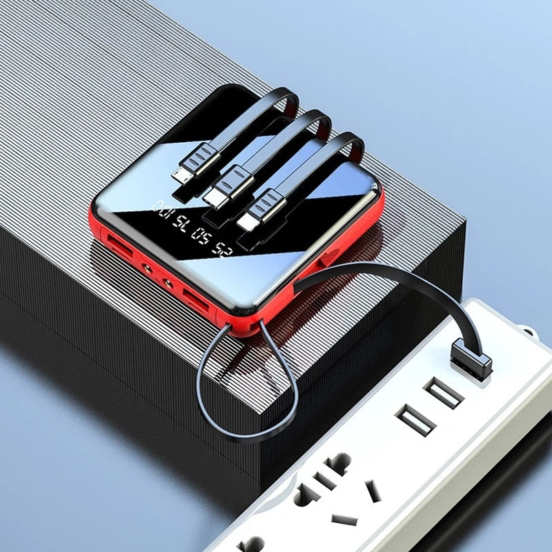 20000 mAh Mini-Powerbank mit Micro-USB-Typ-C-Kabel, tragbares Ladegerät, LED-Spiegel-Powerbank, externer Akku