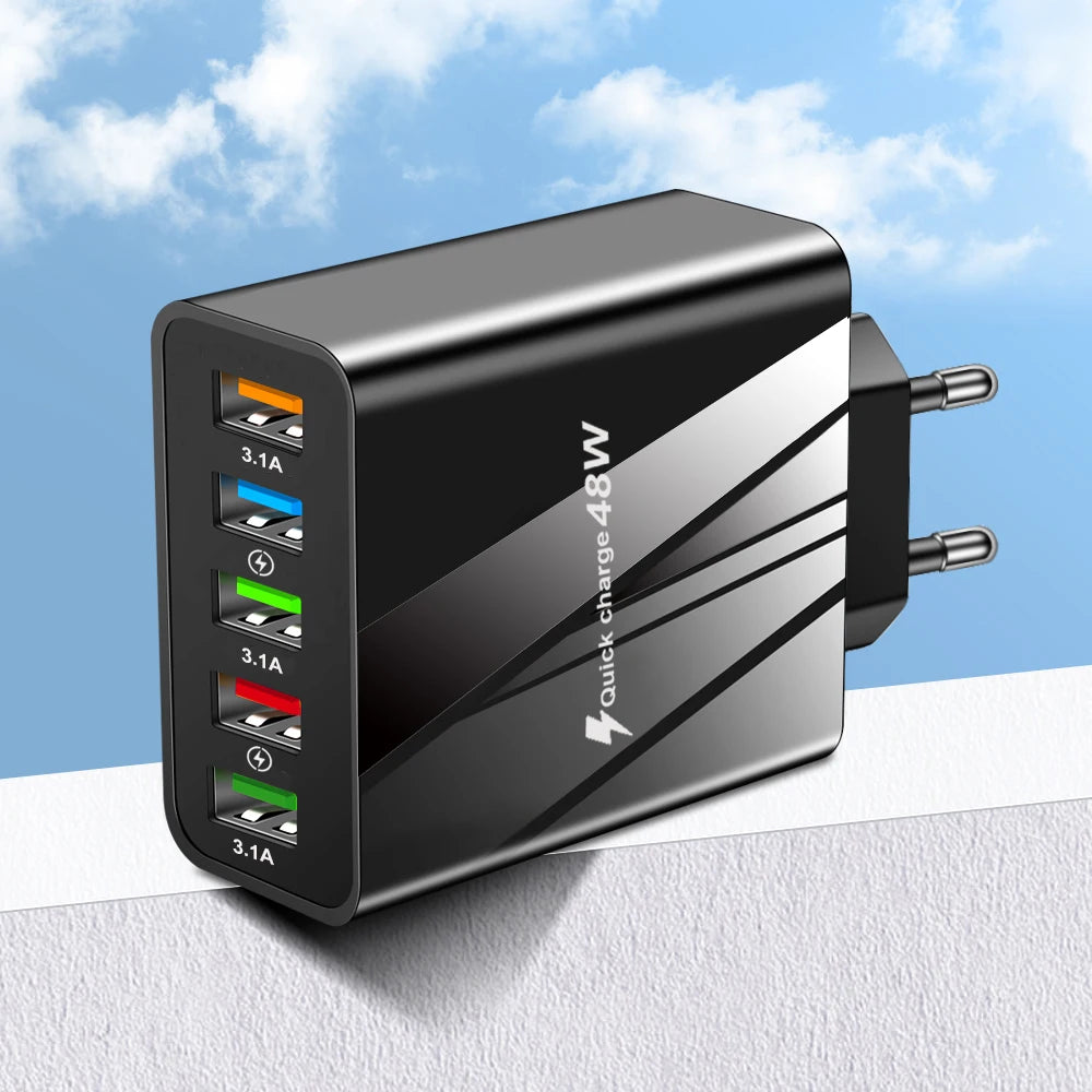 48W USB Charger Fast Charge QC 3.0 Wall Charger Adapter For iPhone 14 13 Samsung Xiaomi Mobile Phone Charger 5 Ports EU US Plug