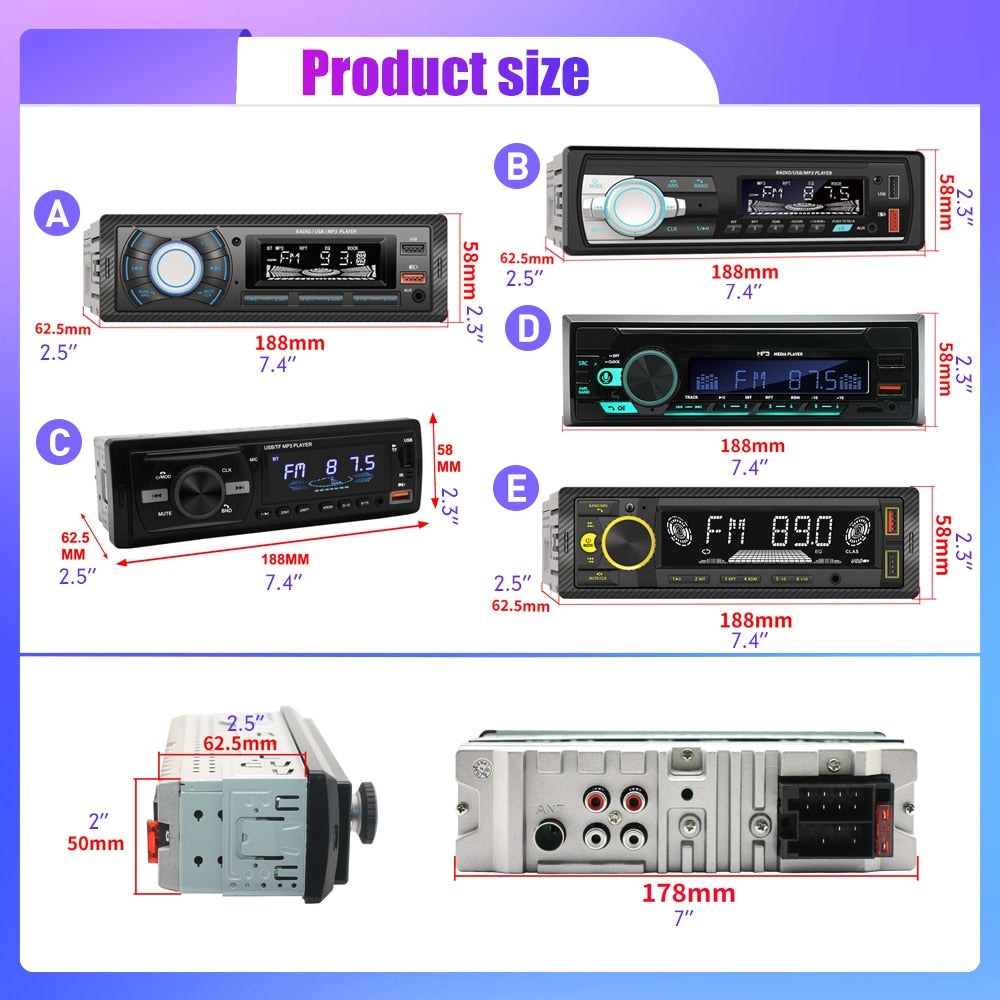 1 din Auto Radio MP3 Player FM Tuner Stereo, USB Multimedia Autoradio-Player Fernbedienung, Bluetooth