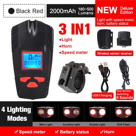Fahrradlicht, USB wiederaufladbar, Fahrrad-Kilometerzähler, Frontlicht, Taschenlampe mit Computer, LCD-Tachometer, Radfahren, Kopf, Laterne, Horn