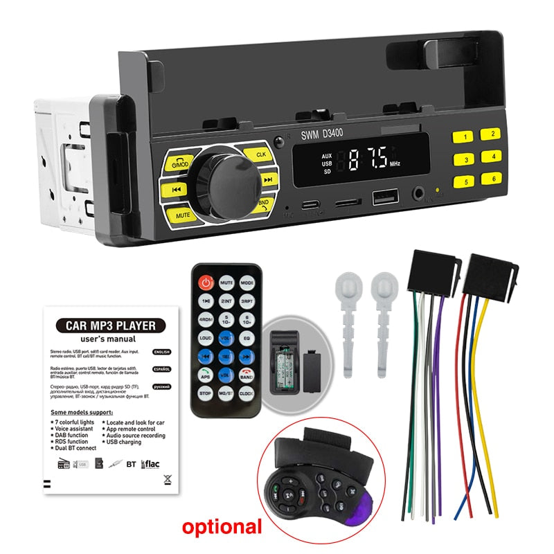 Autoradio Bluetooth 1 Din MP3-Player Freisprecheinrichtung A2DP Typ C, USB TF Aux APP Fernbedienung Handyhalter Audiosystem Kopfeinheit D3400