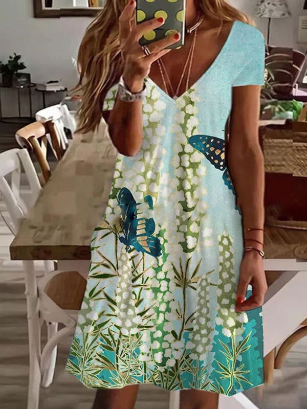 2023 Sommer Damen Mini Kleid mit V-ausschnitt, Kurzarm Kleid mit Sexy Blumen Druck