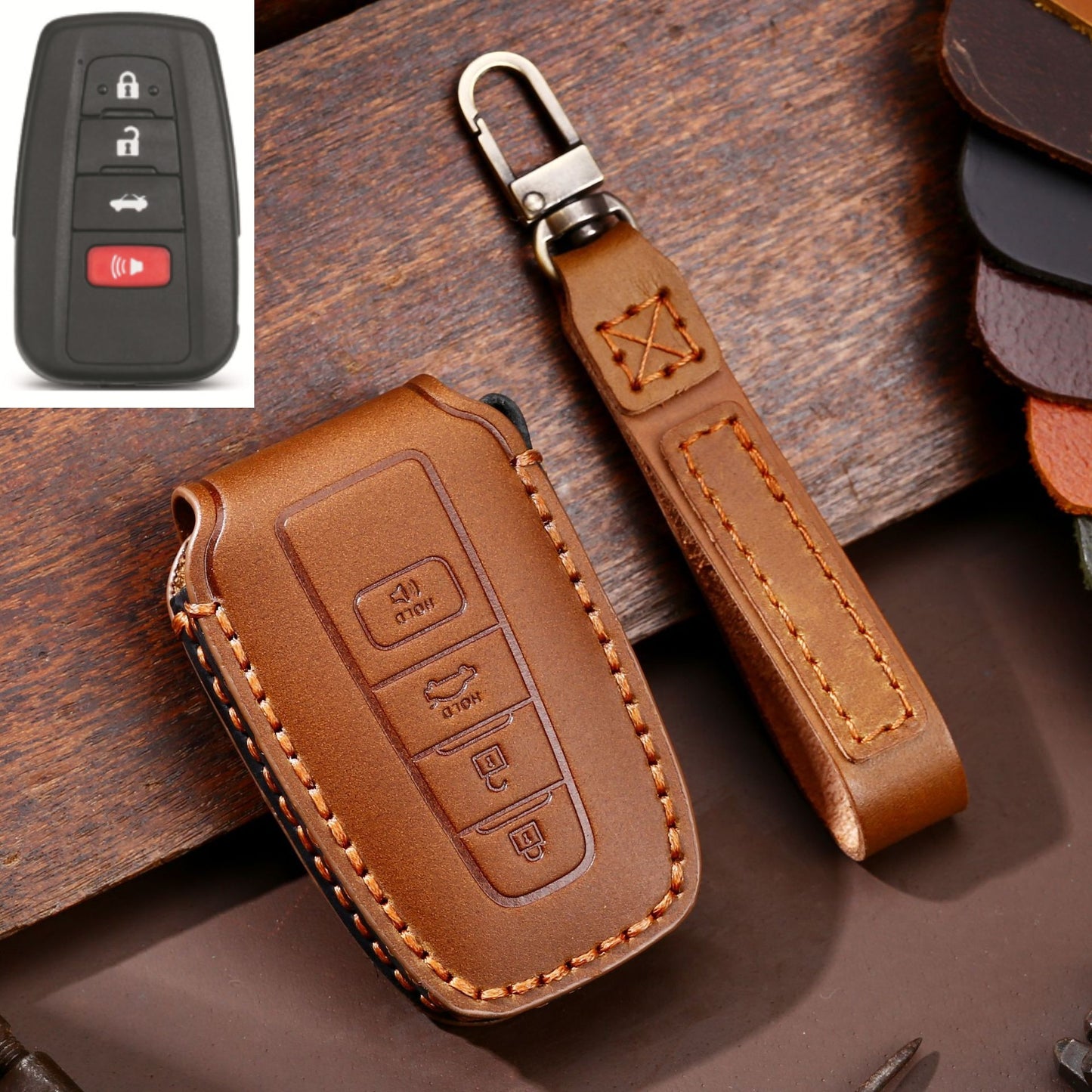 Leder Auto Fernbedienung Schlüsseletui-Abdeckung, Schlüsselanhänger für Toyota Camry, CHR, Corolla, RAV4, Avalon, Land Cruiser, Prado, Prius 2017 - 2022