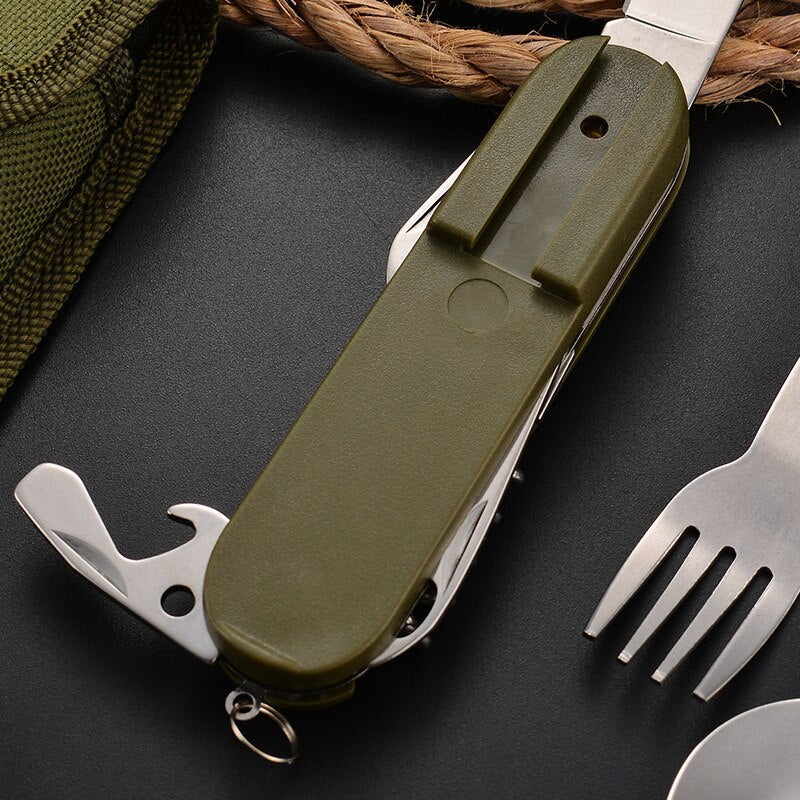 7 In 1 Multifunktionale Outdoor Geschirr, Faltbare Edelstahl Gabel Löffel Messer, ideal für Picknick, Camping &Wandern, Reisen Geschirr