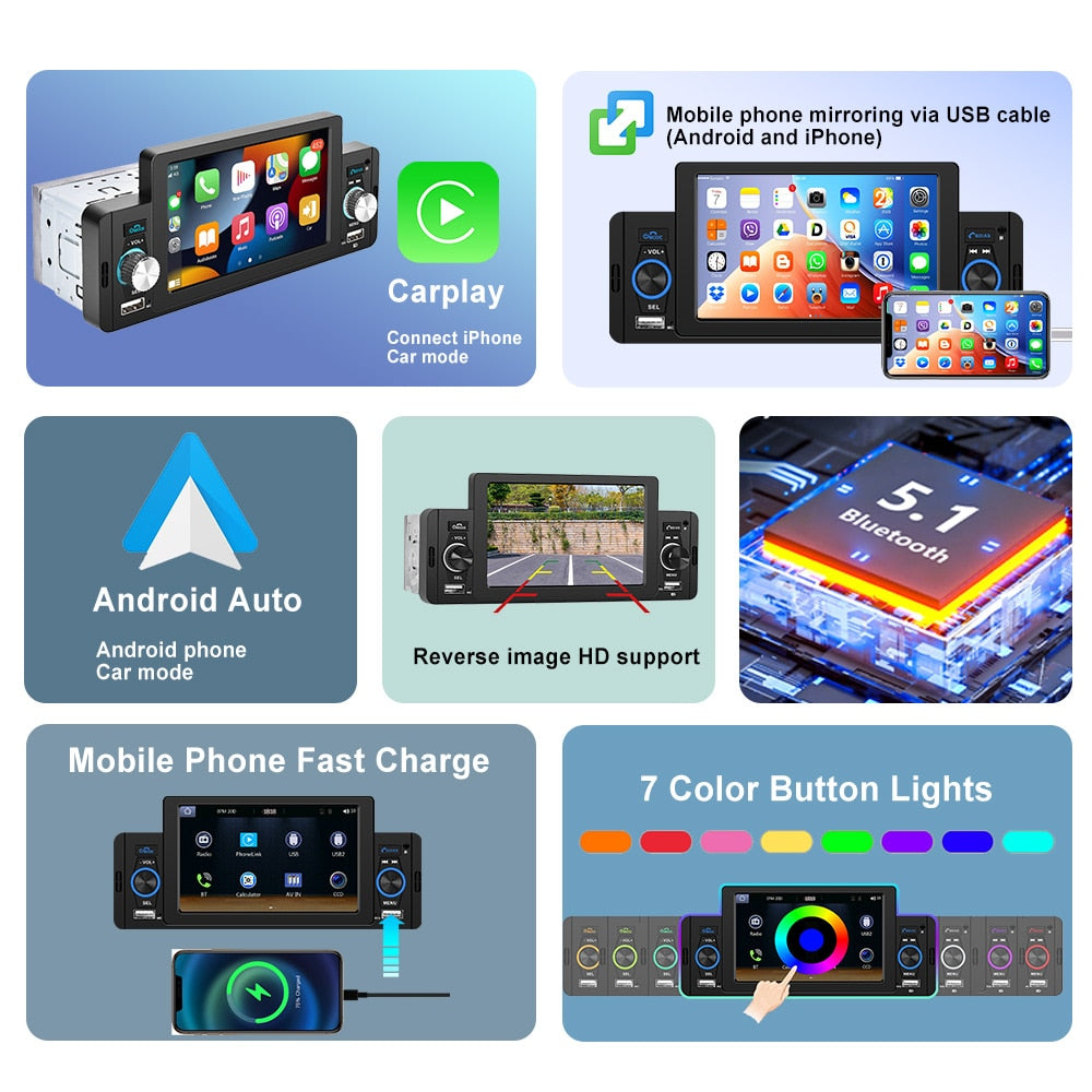 Podofo 5 zoll Auto Radio 1 Din CarPlay, Android Auto Multimedia Player Bluetooth MirrorLink, FM Empfänger für Volkswagen Nissan