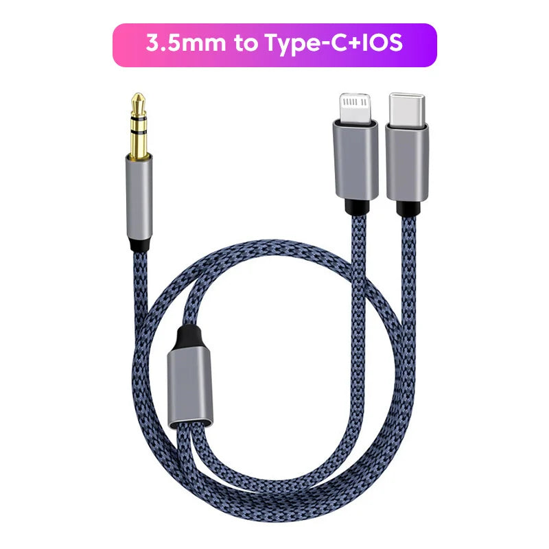 2 in 1 Aux Audio Cable Type C/Lightning To 3.5mm Male Cable For Car Headphone phone USB C IOS to 3.5mm Aux Converter Jack Cable